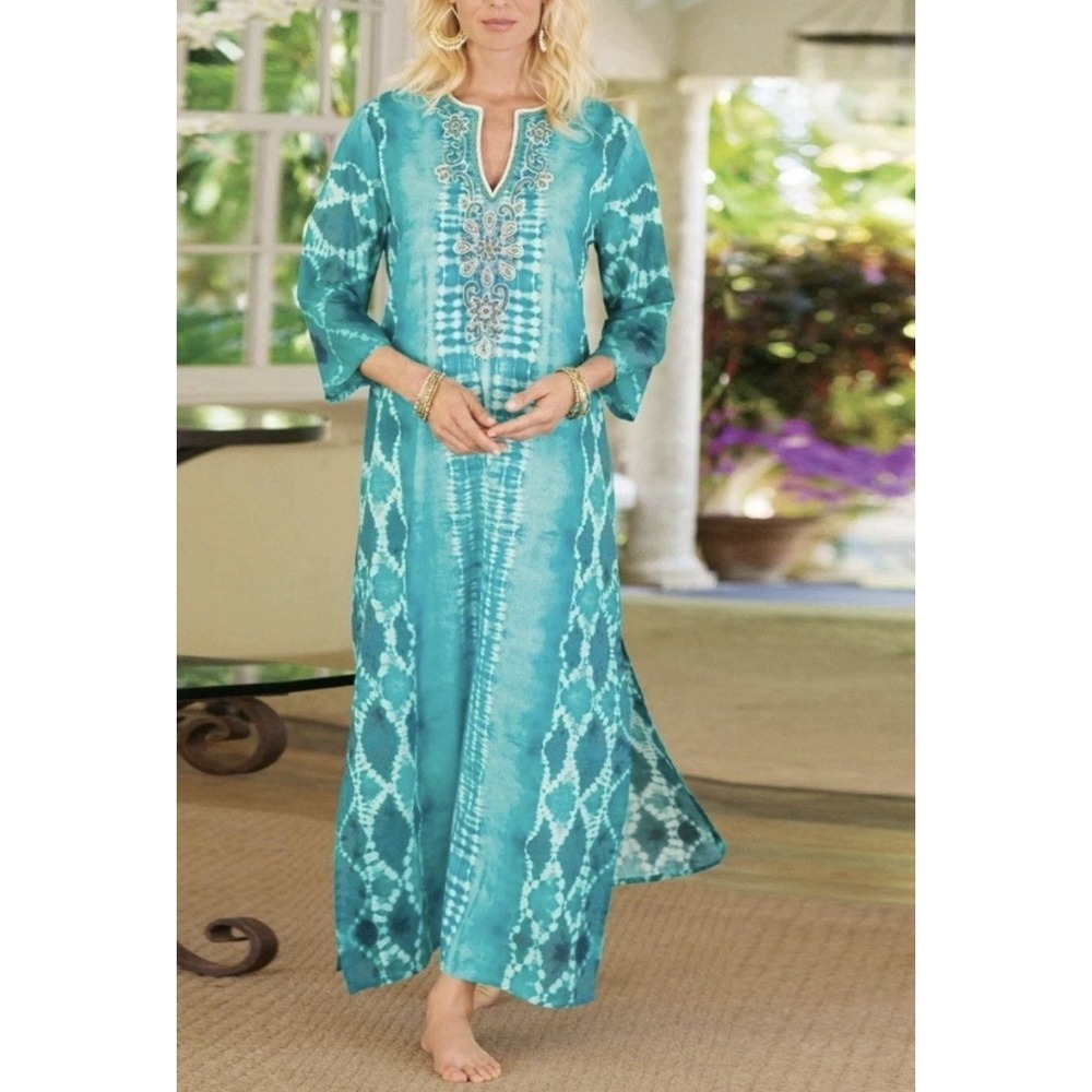Soft Surroundings Teal Tie Dye Beaded Embellished Boho Beach Resort Kaftan XL